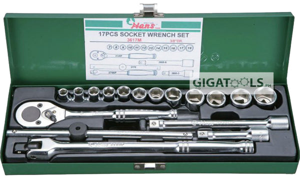 Hans Tools 3617-2A 3/8" Drive 17 pcs. Heavy Duty 6 Points Socket Wrench Set (1/4" - 7/8") - GIGATOOLS.PH