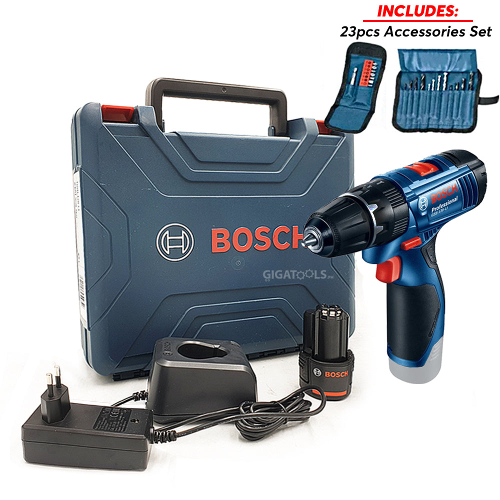 Bosch GSB 120-Li Cordless Hammer Drill 12V (1pc Li-ion Battery) kit with 23pcs Accessory set 06019G81K5
