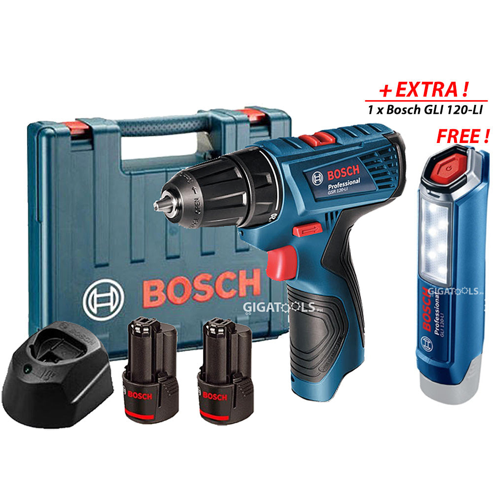 Bosch GSR 120-LI GLI 120-LI Cordless Drill Driver and LED Cordless Torch Combo Kit Set GSR 120-LI and GLI 120-LI