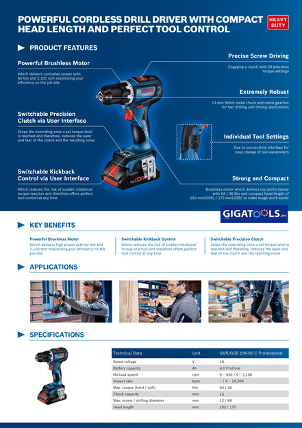 Bosch GSB 18V-90 C Professional Brushless Motor Cordless Impact / Hammer Drill Driver with Kickback Control ( Bare Tool Only )