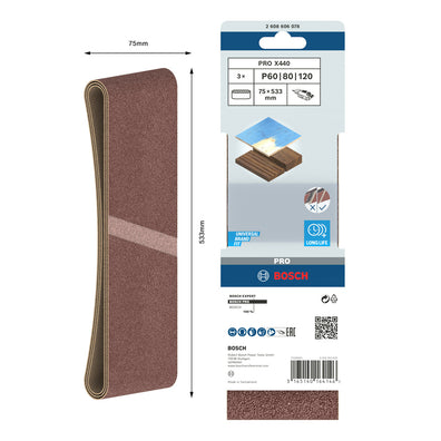 Bosch PRO X440 3pc Sanding Belt 75 x 533mm 60/80/120 Grit Set ( 2608606078 )