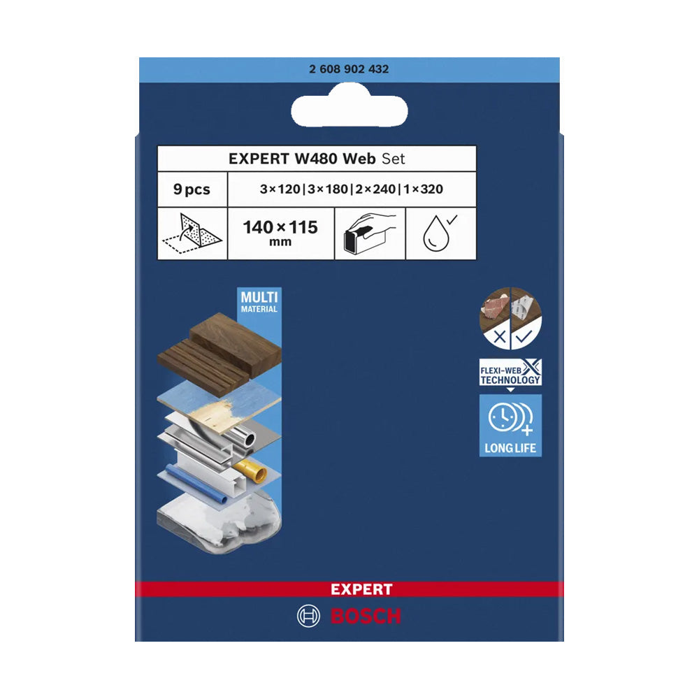 Bosch EXPERT W480 Web 9pcs 1/4 Hand Sanding Sheet Set ( 2608902432 )