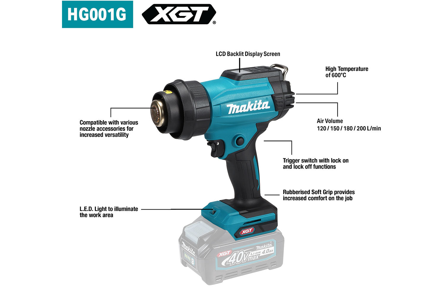 Makita HG001GZ Cordless Heat Gun 40Vmax XGT (Bare Tool)