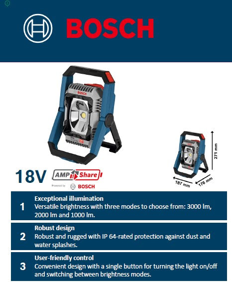 Bosch GLI 18V-3000 Professional Cordless LED Work Light , 3000/2000/1000 Lumens, IP64 18V (Bare Tool Only)
