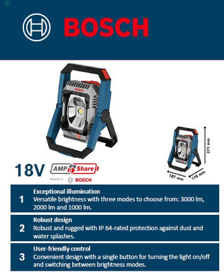 Bosch GLI 18V-3000 Professional Cordless LED Work Light , 3000/2000/1000 Lumens, IP64 18V (Bare Tool Only)