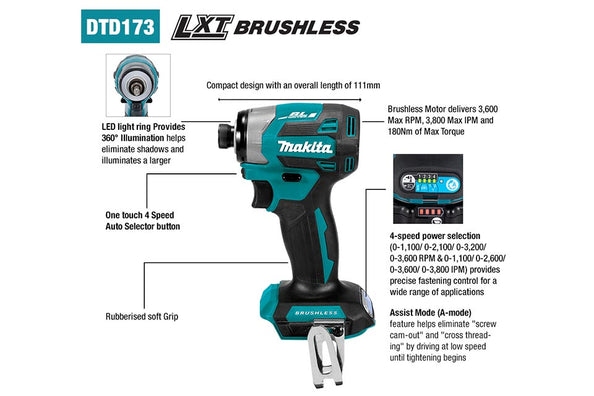 Makita DTD173Z Cordless Brushless Impact Driver 18V LXT (Bare Tool Only)