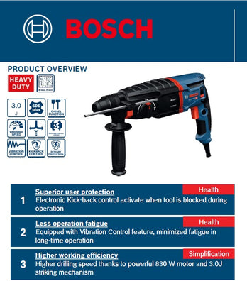 Bosch GBH 2-26 Gen II SDS PLUS Rotary Hammer Drill 26mm, with Vibration & Kickback Control (830W)