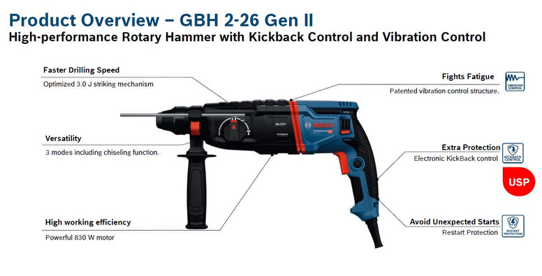 Bosch GBH 2-26 Gen II SDS PLUS Rotary Hammer Drill 26mm, with Vibration & Kickback Control (830W)