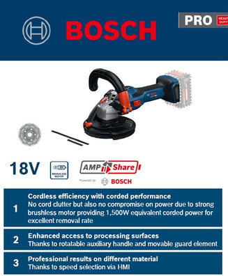 Bosch GBR 18V-15 S Brushless Cordless Concrete Grinder, up to 1500W power (Bare Tool Only)