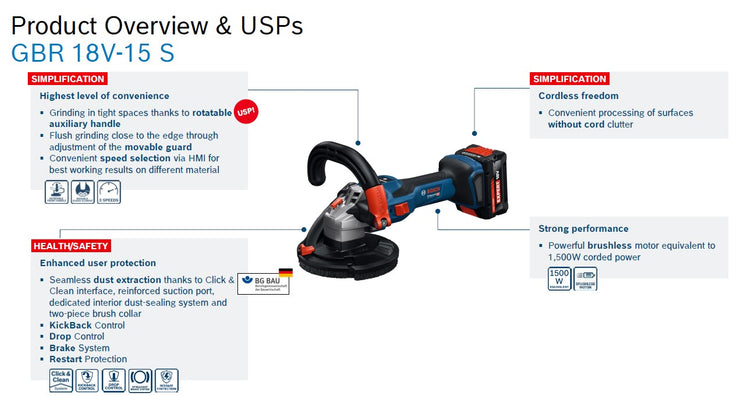 Bosch GBR 18V-15 S Brushless Cordless Concrete Grinder, up to 1500W power (Bare Tool Only)