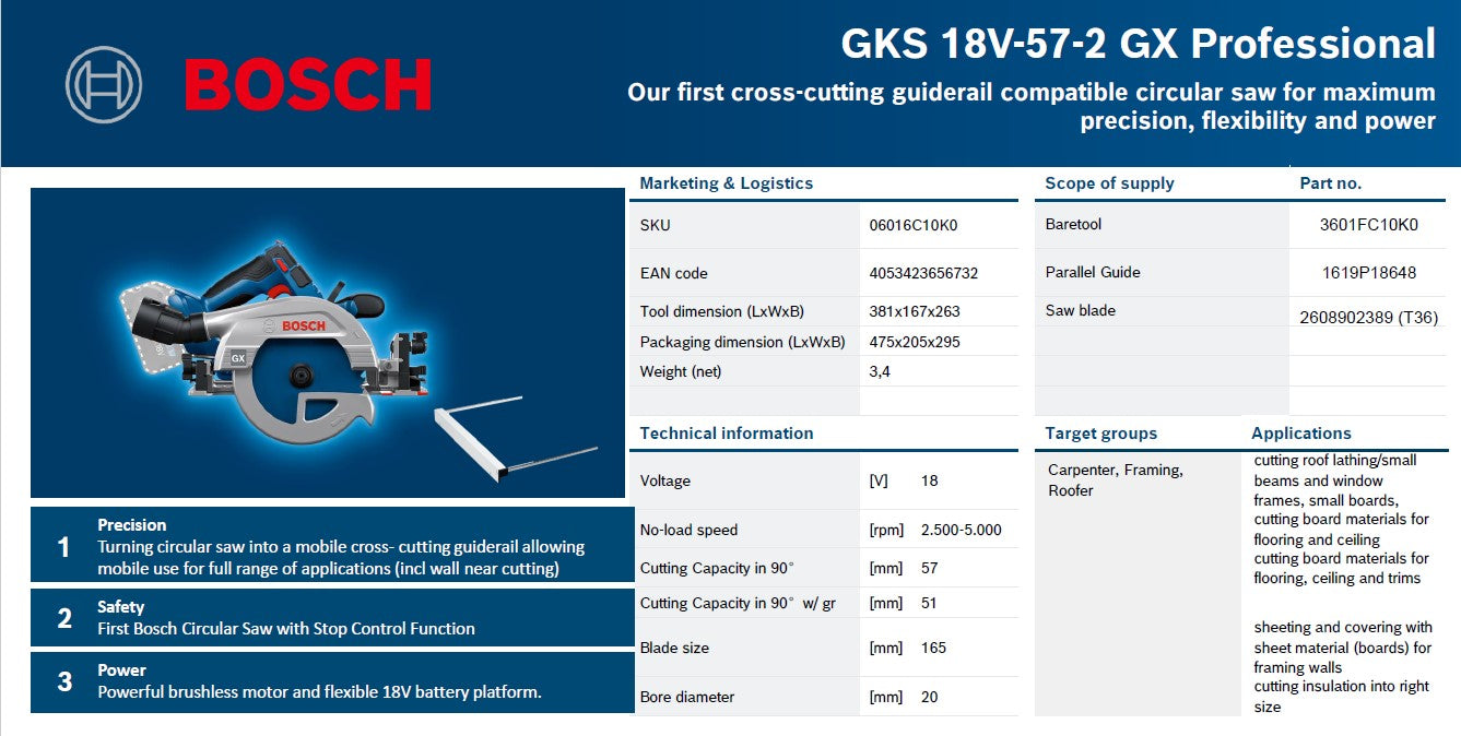 Bosch GKS 18V-57-2 GX Professional Brushless Cordless Plunge Circular Saw 18V, Guide Rail Compatible ( Bare Tool Only)