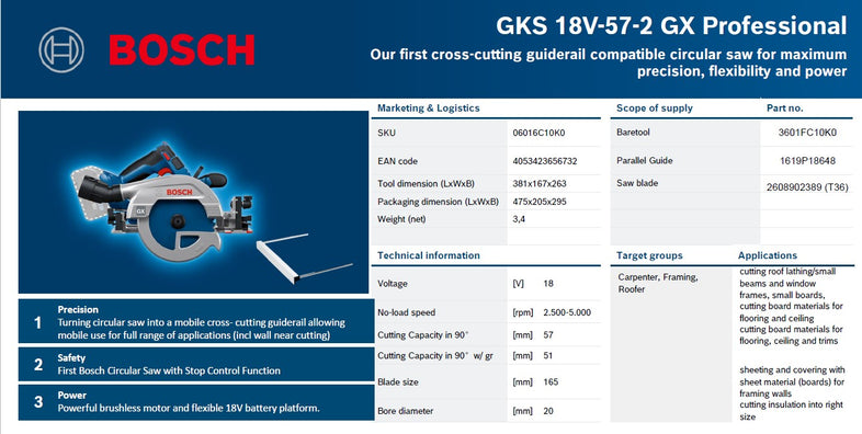 Bosch GKS 18V-57-2 GX Professional Brushless Cordless Plunge Circular Saw 18V, Guide Rail Compatible ( Bare Tool Only)
