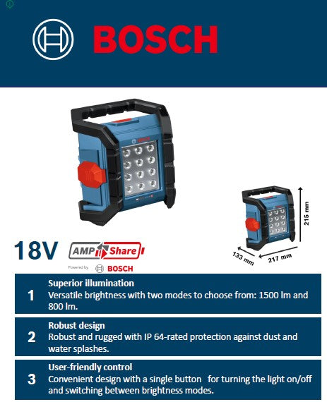 Bosch GLI 18V-1500 Professional Cordless LED Work Light , 1500/800 Lumens, IP64 18V (Bare Tool Only)