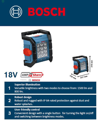 Bosch GLI 18V-1500 Professional Cordless LED Work Light , 1500/800 Lumens, IP64 18V (Bare Tool Only)