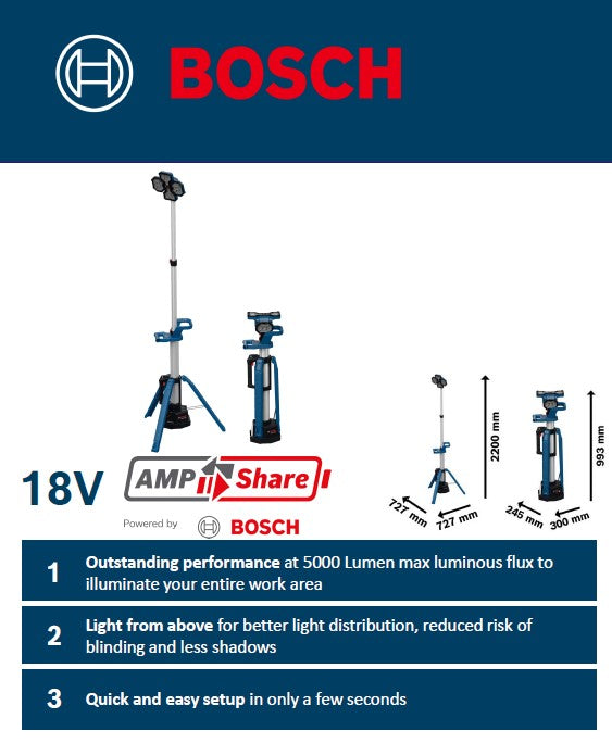 Bosch GLT 18V-5000 Professional Cordless LED Jobsite / Tower Work Light, 5000/2500/1000 Lumens, IP54 18V (Bare Tool Only)