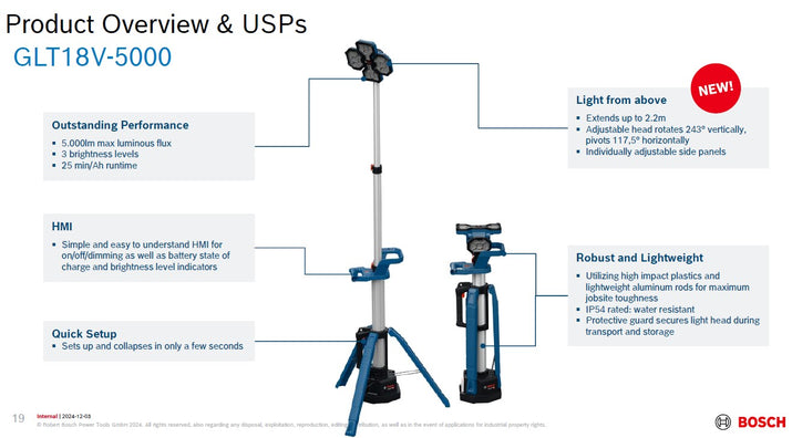Bosch GLT 18V-5000 Professional Cordless LED Jobsite / Tower Work Light, 5000/2500/1000 Lumens, IP54 18V (Bare Tool Only)