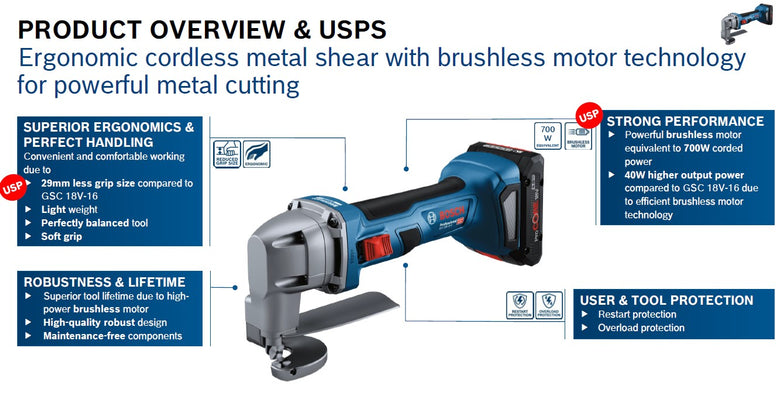 Bosch GSC 18V-16 E Brushless Cordless Metal Shear, up to 700W power (Bare Tool Only)