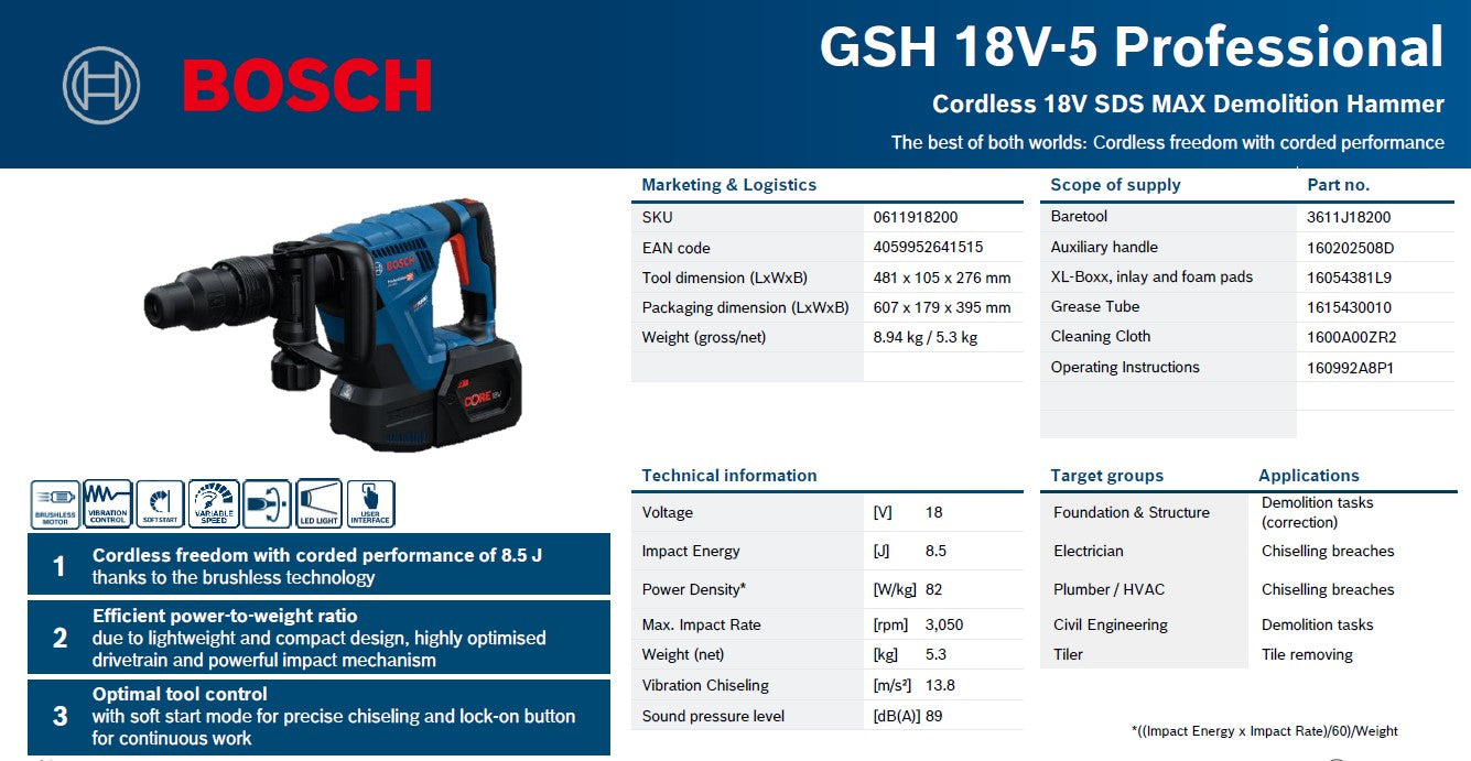Bosch Professional GSH 18V-5 Brushless Cordless SDS MAX Demolition Hammer / Chipping Gun 18V (Bare Tool Only)