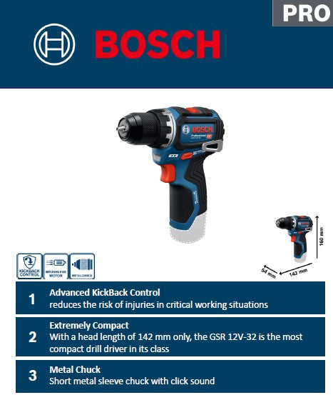Bosch GSR 12V-32 Professional Brushless Motor Cordless Drill / Driver with Kick Back Control, 12V (Bare Tool Only)