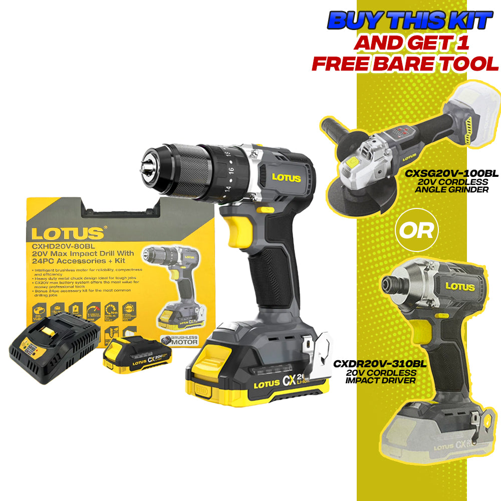 Lotus CXHD20V-80BL/2 Brushless Cordless Impact Drill 20V Max Kit Set w ...