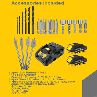 Lotus CXHD20V-80BL/2 Brushless Cordless Impact Drill 20V Max Kit Set with 24pcs. Accessories Set