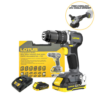 Lotus CXHD20V-80BL/2 Brushless Cordless Impact Drill 20V Max Kit Set with FREE CORDLESS IMPACT DRIVER or CORDLESS ANGLE GRINDER