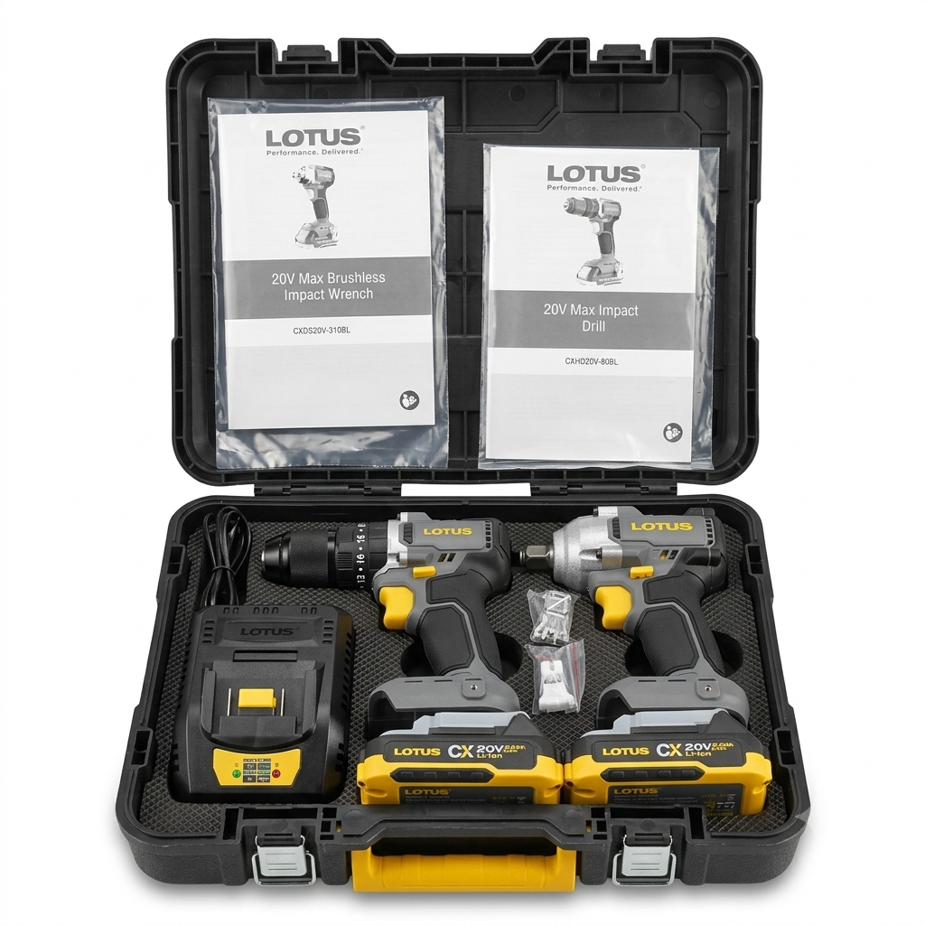 Lotus CCX200 20V Brushless Cordless Impact Drill and Impact Wrench Combo Kit (w/ 2×2Ah Batteries + Fast Charger)