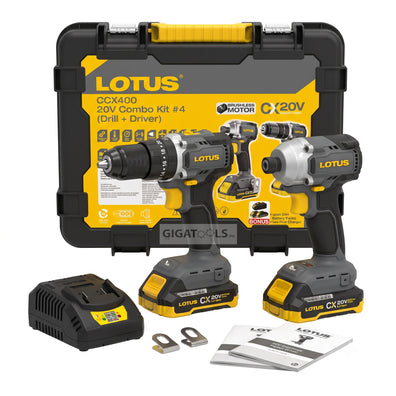 Lotus CCX400 20V Brushless Cordless Impact Drill and Impact Driver Combo Kit (w/ 2×2Ah Batteries + Fast Charger)