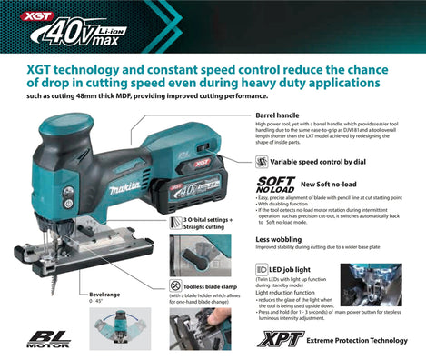 Makita JV001GZ Cordless Brushless 135mm (5-5/16″) Jig Saw 40Vmax XGT® Li-Ion (Bare Tool Only)