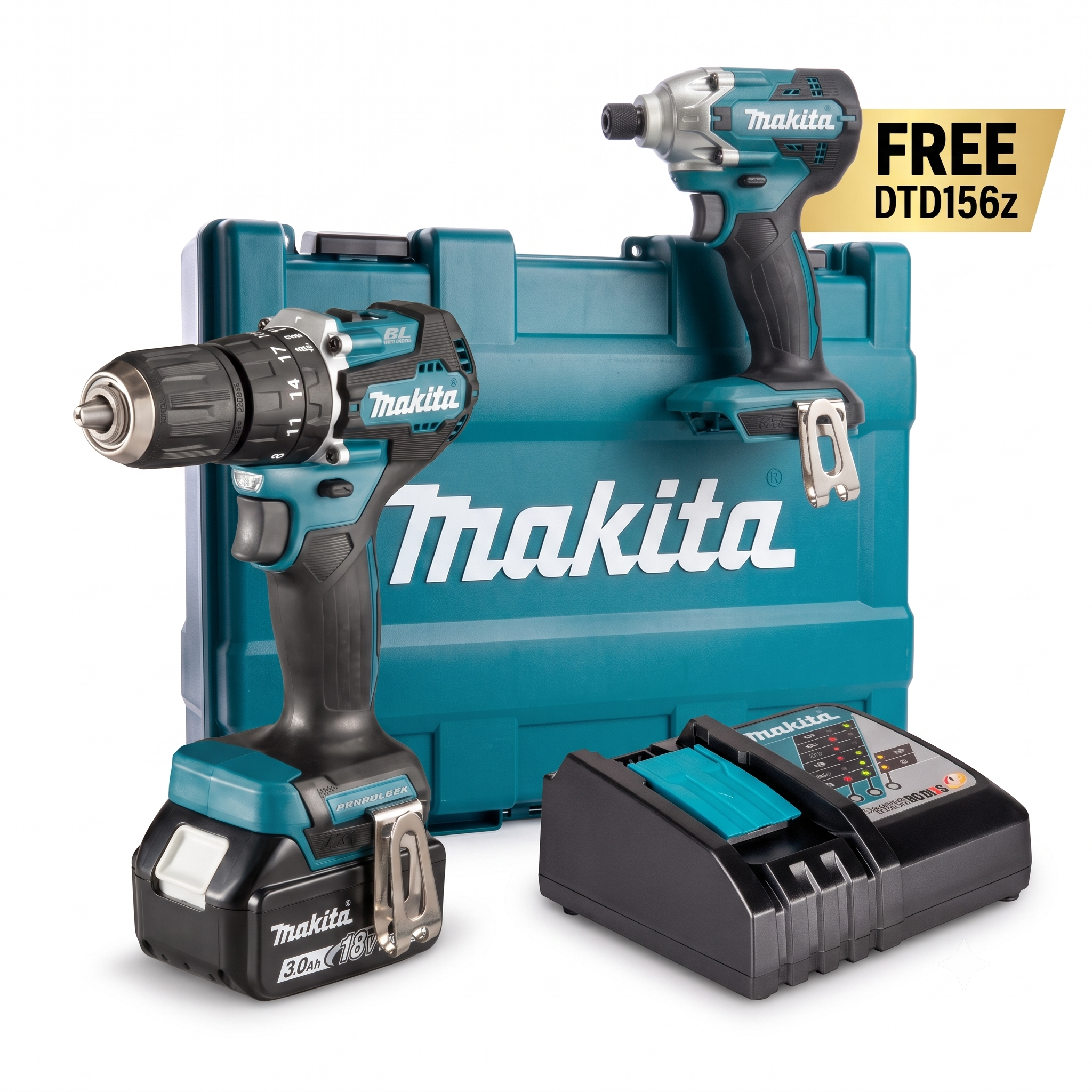 Makita DHP487 18V LXT Brushless Hammer Driver Drill Kit (3.0Ah Battery + Charger) + FREE DTD156Z Impact Driver