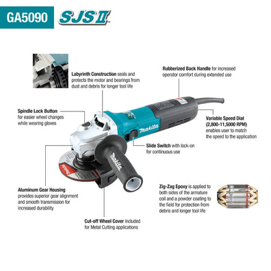 Makita GA5090X02 Slide Switch w/ SJS II Variable Speed Angle Grinder (2,000W)
