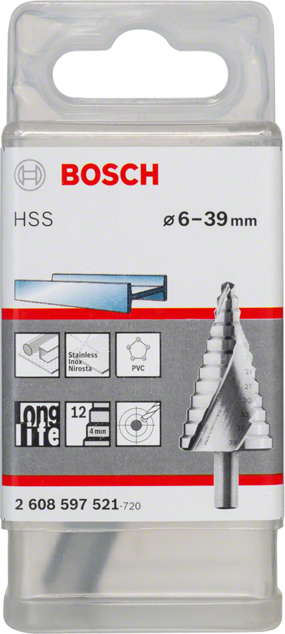 Bosch Professional HSS Step Drill Bit, 3-flat Shank (6-39 mm), 12 Steps ( 2608597521 )