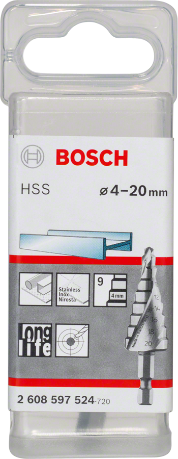 Bosch Professional HSS Step Drill Bit (4-20mm), 9 Steps, 1/4