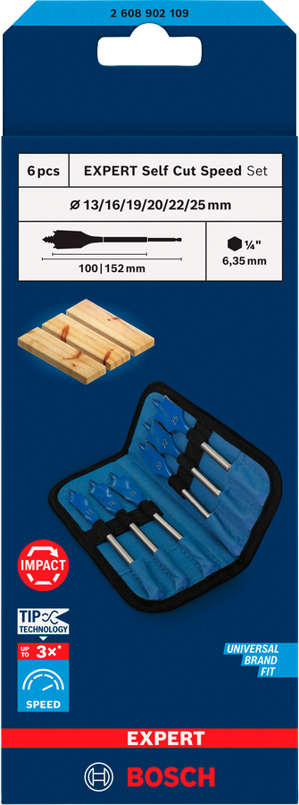 Bosch EXPERT 6pcs Self Cut Speed Spade Drill Bit Set 13/16/19/20/22/25 ( 2608902109 / 2608900333 )