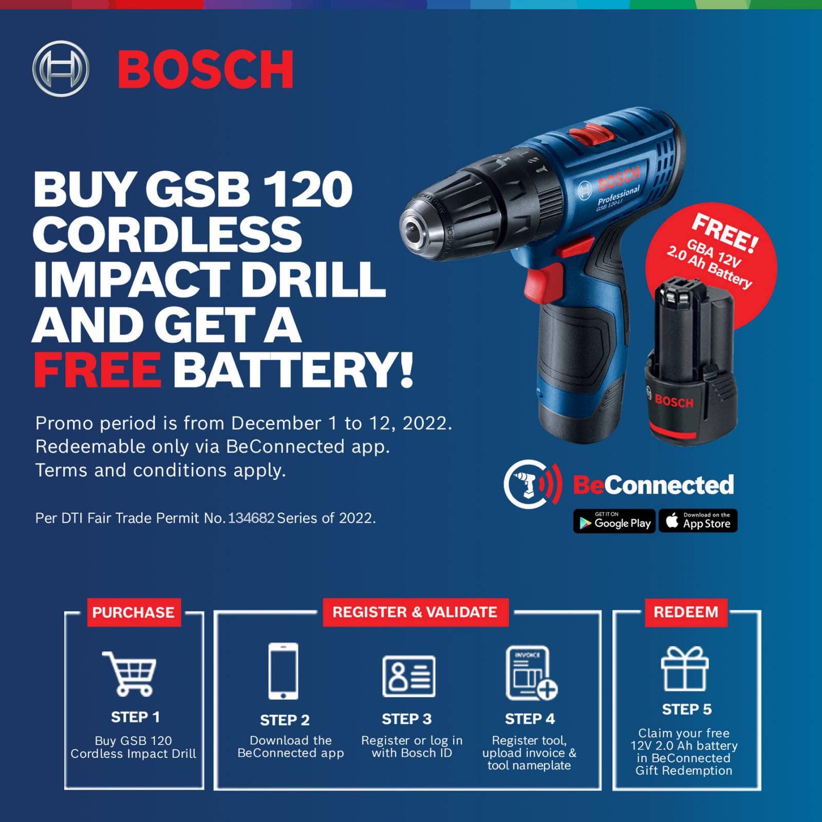 Bosch GSB 120-Li Cordless Hammer Drill 12V (1pc Li-ion Battery) kit with 23pcs Accessory set ( 06019G81K5 )