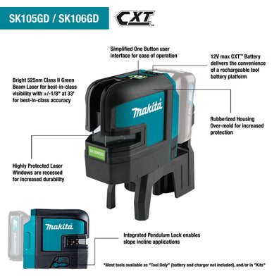 Makita SK106GDZ Rechargeable Cordless Self‑Leveling Cross‑Line/4‑Point Green Beam Laser 12Vmax CXT™ Li-Ion (Bare Tool) Made in Japan