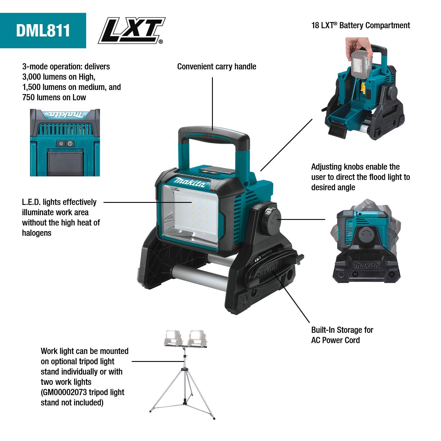 Makita DML811 Corded & Cordless 3,000 lumens LED Work Light AC/18V/14.4V LXT® Li-Ion (Bare Tool)