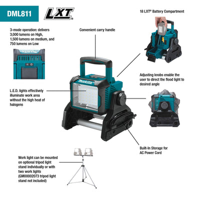 Makita DML811 Corded & Cordless 3,000 lumens LED Work Light AC/18V/14.4V LXT® Li-Ion (Bare Tool)