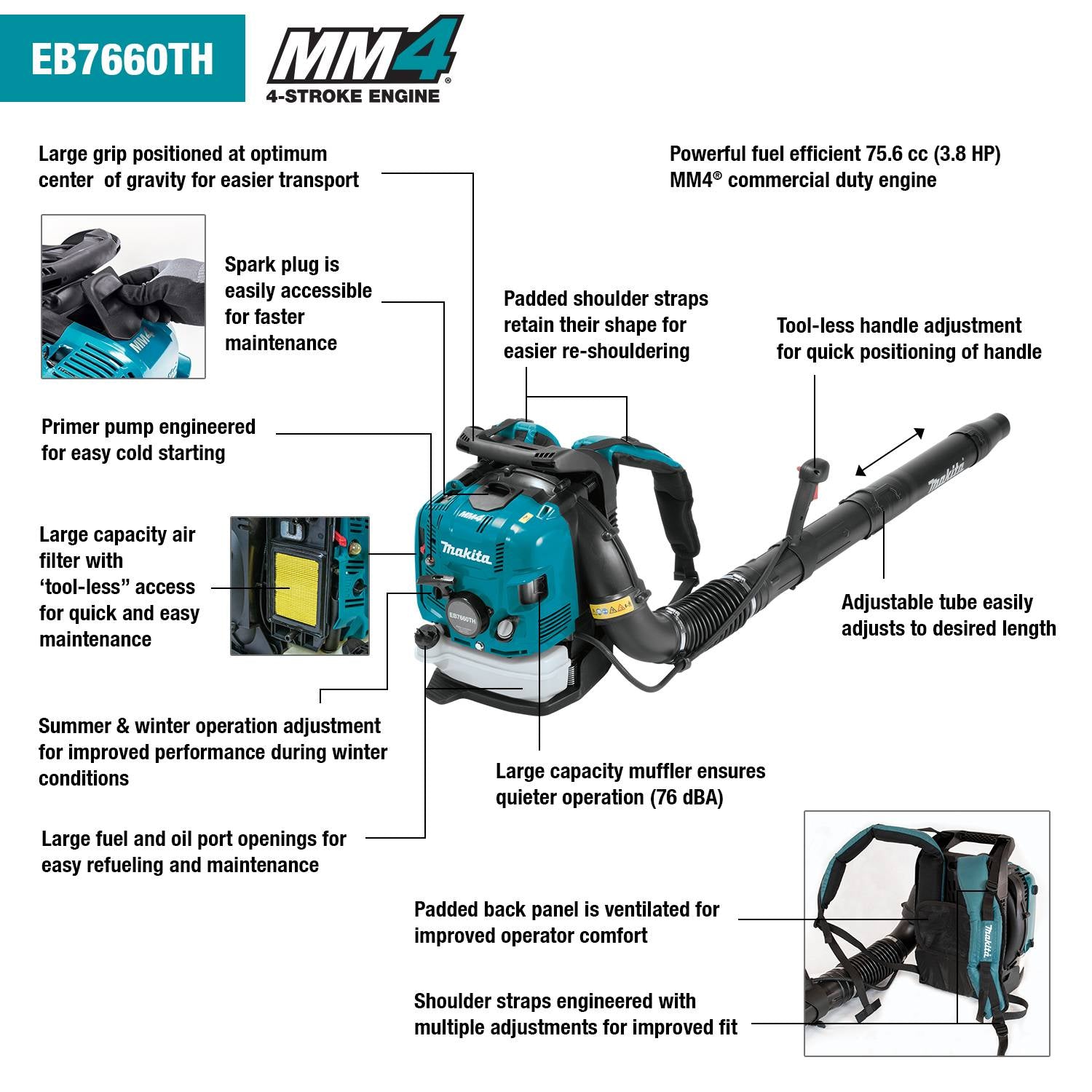 Makita EB7660TH 75.6mL 4-Stroke Petrol Backpack Blower, Tube Throttle