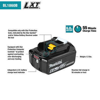 Makita BL1860B 18V LXT Lithium‑Ion 6.0Ah / 6Ah Battery