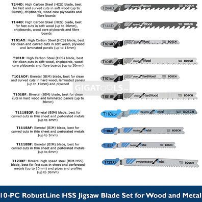 Bosch RobustLine Heavy Duty 10pcs Assorted High Carbon Steel and T-Shank Jigsaw Blade Expert for Wood and Metal ( 2607010542 ) - GIGATOOLS.PH