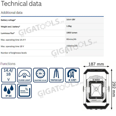 Bosch GLI 18V-1900 Professional 18V Cordless LED Floodlight / Worklight (Bare Tool Only - without battery and charger) - GIGATOOLS.PH