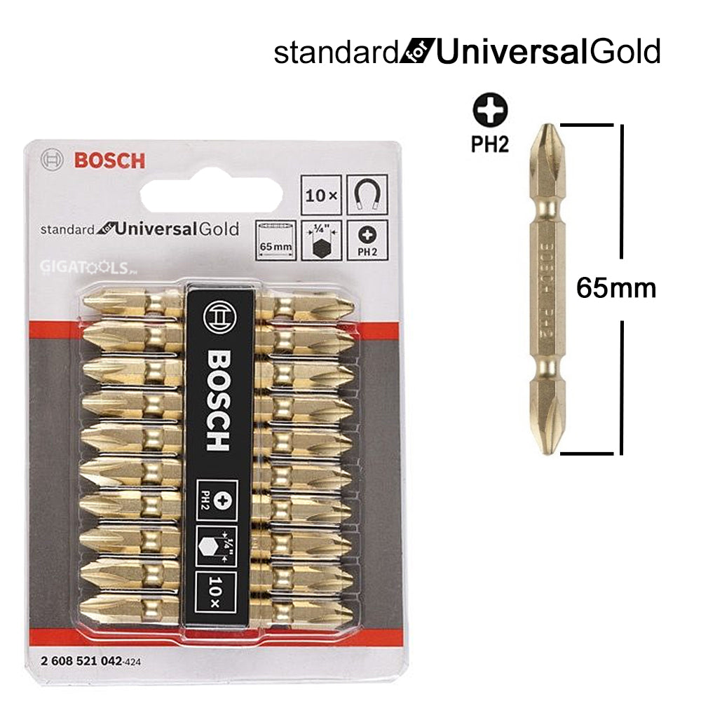 Bosch PH2 Double Ended 65mm Gold Screw Bits / Screwdriver bit set ( 10's ) ( 2608521042 ) (
