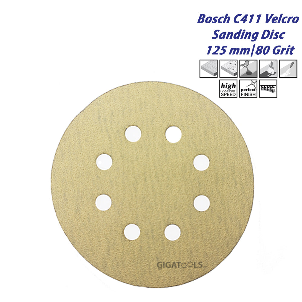 Bosch C411 Velcro Sanding Discs 125 mm / 80 Grit For Random Orbital Sanders ( 2 608 608 T65 ) - GIGATOOLS.PH