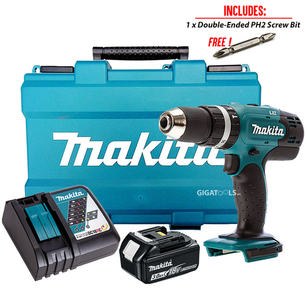 Makita DHP453 Cordless Hammer Drill Kit Set includes Rapid Charger with Carrying Case and 1pc Double Ended PH2 Magnetic Screw Bit