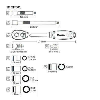 Makita B-65589 - 23pcs. 1/2″ Ratchet & Socket Set