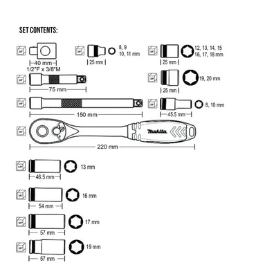 Makita B-65573 - 23pcs. 3/8″ Ratchet & Socket Set