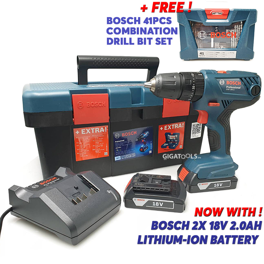 New Bosch GSB 180-Li Cordless Hammer Drill Driver 18V Lithium-Ion 2.0Ah Battery in Fisherman's Tool Case with FREE Bosch 41pcs V-Line Combination Drill bit Set