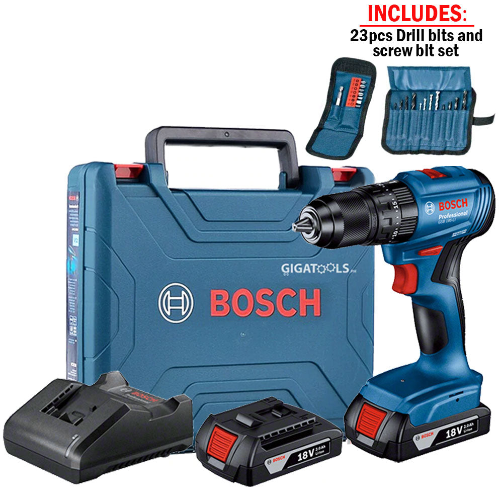 Bosch GSB 185-LI Cordless Brushless Hammer Metal Chuck Drill Driver 18V with 23pcs Drill bits and Screwbit Kit Set