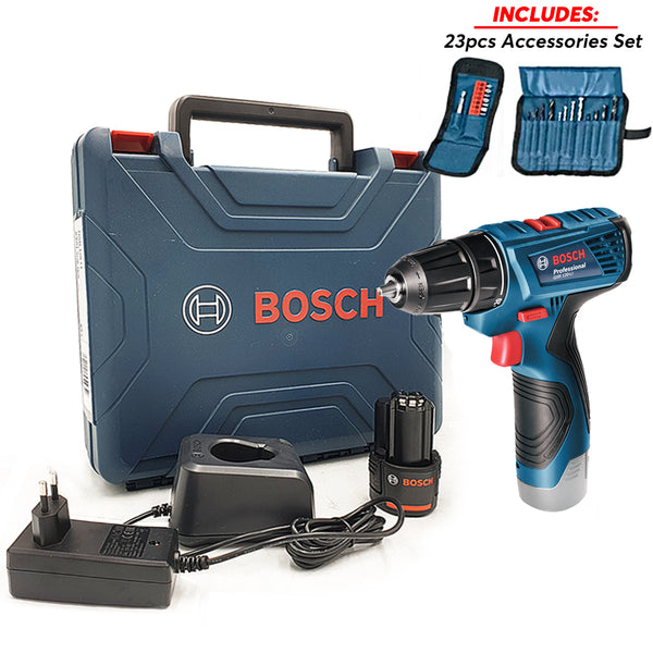 Bosch GSR 120-Li Cordless Drill Driver 12V (1pc Li-ion Battery) kit with 23pcs Accessory set (06019G80K5)